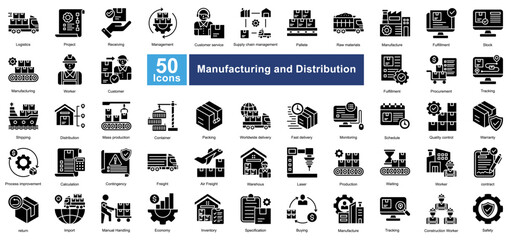 Manufacturing and Distribution icon set in Glyph style, covering logistics, supply chain, production, and shipping. Perfect for industry, warehouses, and business operations.