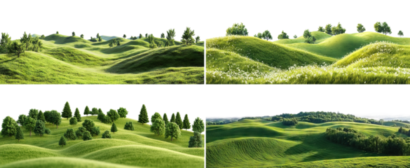 Set of lush green meadows with hills, isolated on transparent cutout background