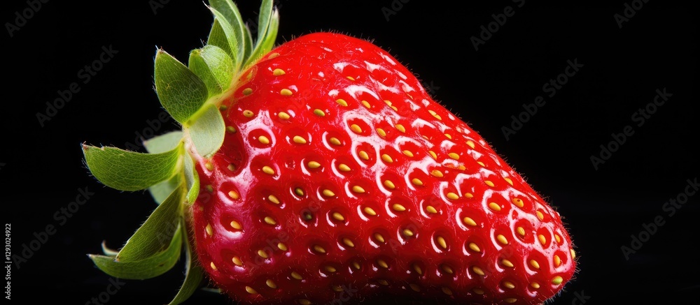 Poster fresh ripe red garden strawberry with vibrant green leaves isolated on a black background highlighti