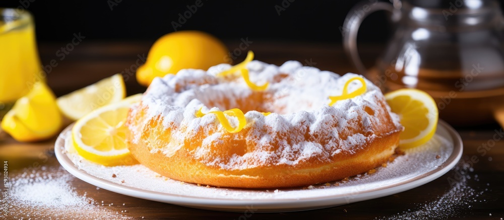 Aufkleber lemon sponge ring cake dusted with icing sugar on a white plate surrounded by lemon slices and a gla