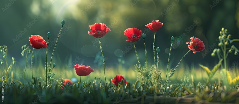 Poster vibrant red poppy flowers in a sunlit green field with blurred background showcasing soft bokeh effe