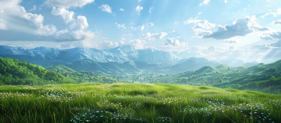 Fototapeta premium Lush green meadows stretch toward majestic mountains under a bright blue sky with soft clouds providing a serene landscape and ample copy space