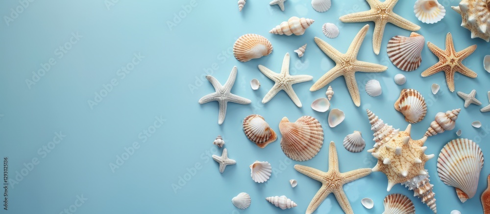 Fototapete Nautical theme featuring starfish and seashells arranged on the right side of a light blue background creating ample copy space on the left