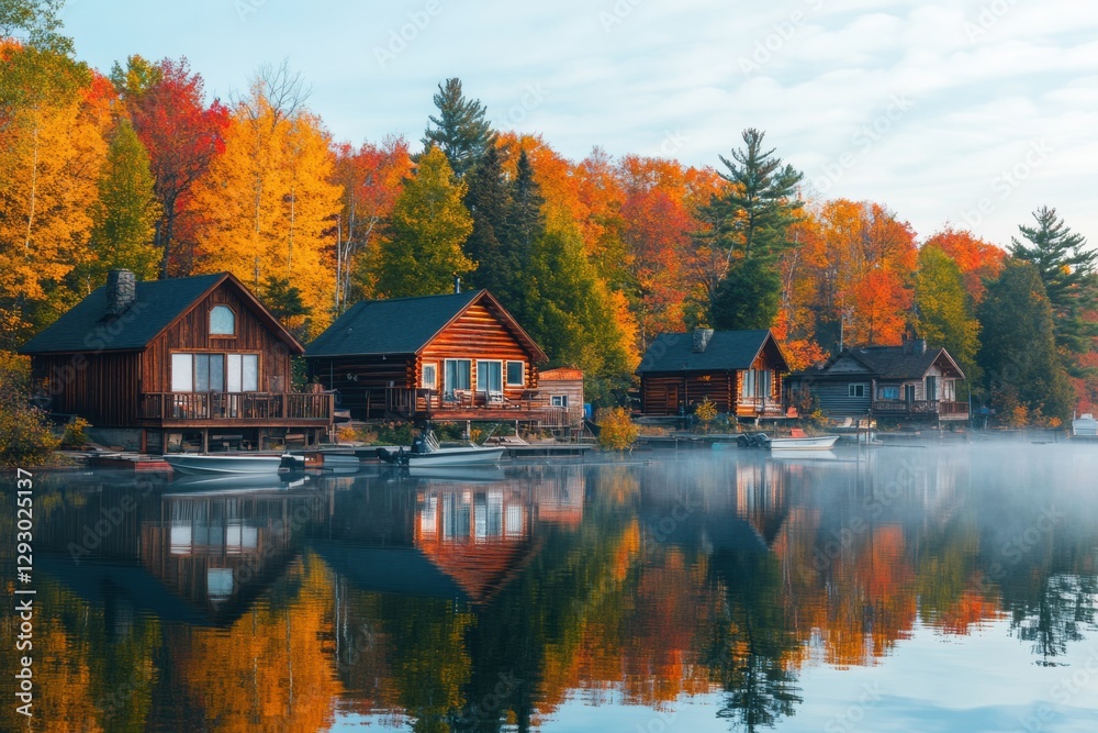 Poster cozy log cabins reflect autumn colors by a serene lake in a peaceful forest setting during a calm mo