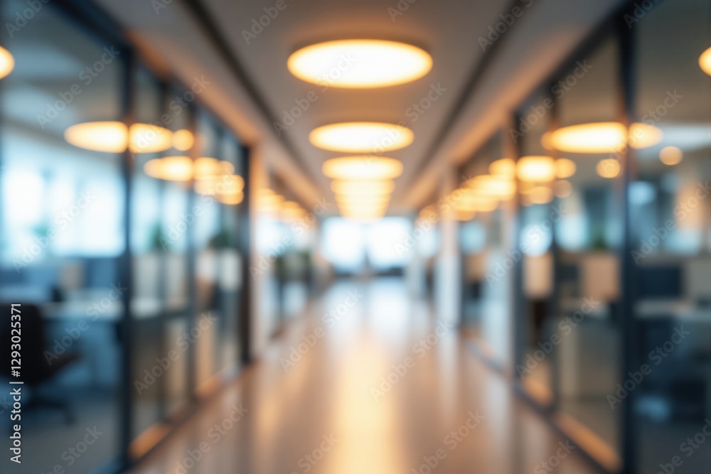 Poster Blurred office corridor with warm lights and glass partitions in modern workspace.
