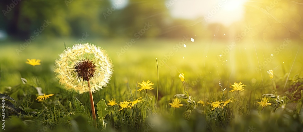 Fototapete dandelion flower in vibrant yellow bloom surrounded by lush green grass under soft sunlight with a t