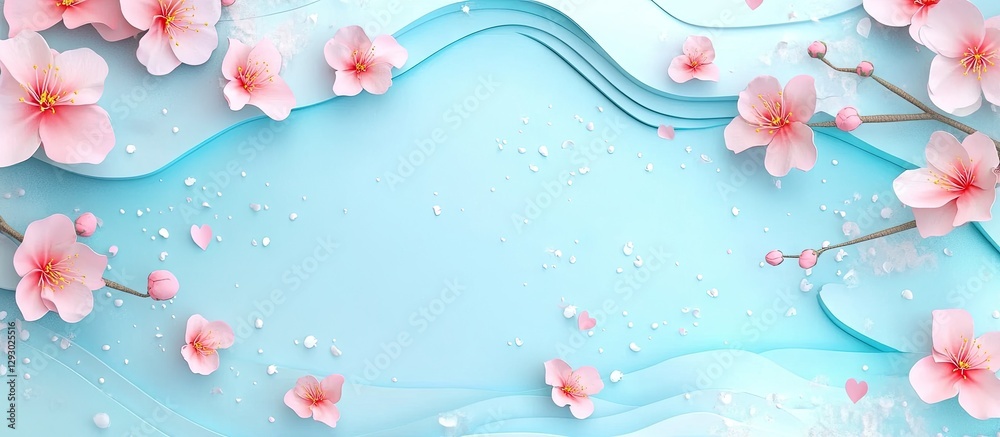 Leinwandbilder sakura pink cherry blossoms in the top corners against a soft blue background with wavy textures cre