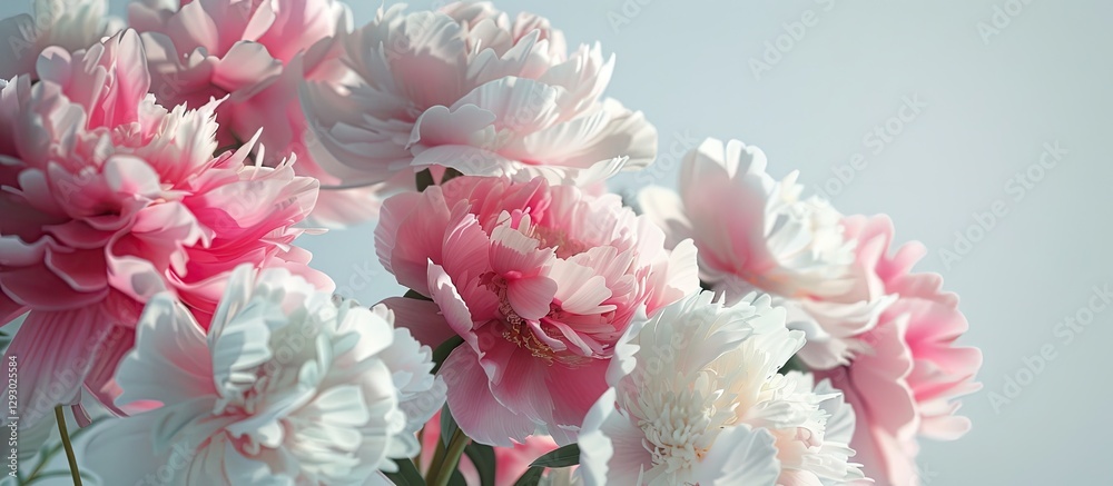 Aufkleber delicate pink and white peonies in full bloom on a soft blue background with ample white copy space 