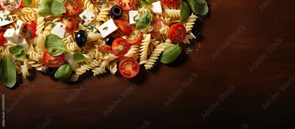 Poster colorful pasta salad with mozzarella olives and cherry tomatoes arranged on dark wooden background w