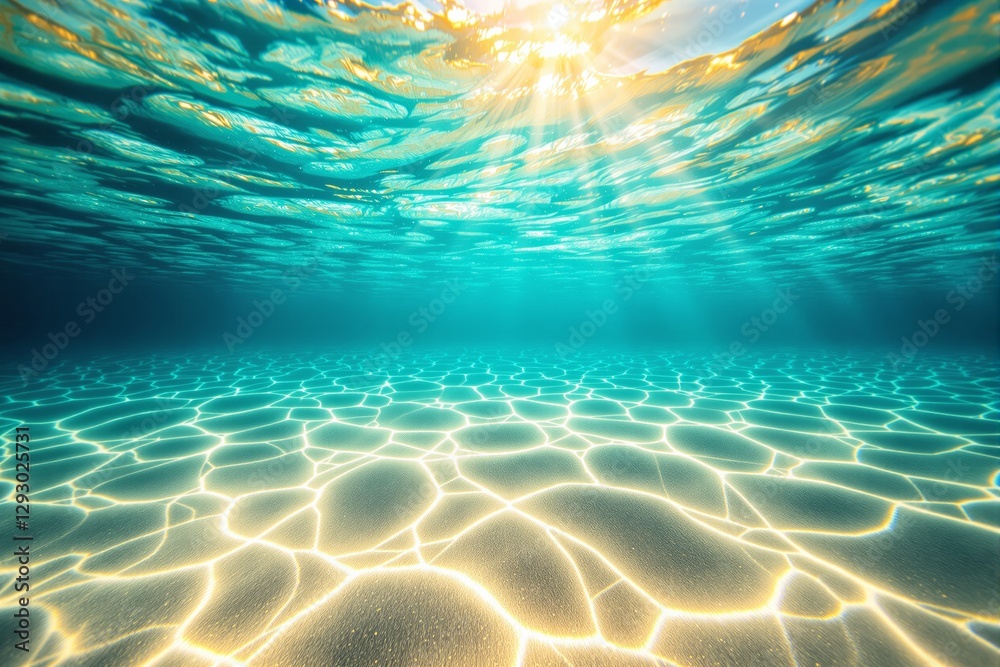 Poster sunlight streaming through turquoise water, illuminating ocean floor with golden ripples, creating s