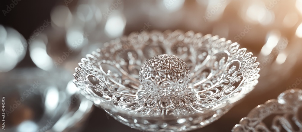 Leinwandbilder intricate crystal dish with delicate patterns reflecting soft warm light in the background, position