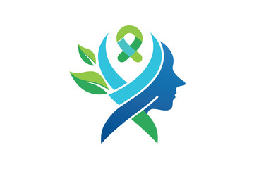 A modern logo featuring a human face silhouette with leaves and ribbons symbolizing mental health advocacy, Craft a sleek logo for a nonprofit organization focused on mental health awareness