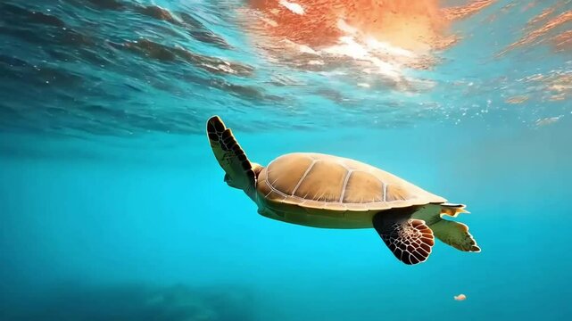 sea turtle swimming underwater in clear blue ocean, concept of marine life, ocean conservation, aquatic wildlife