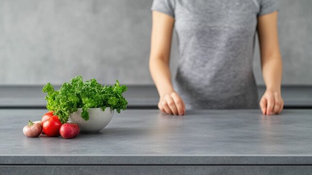 Young woman preparing a refreshing and nutritious smoothie with fresh vegetables and fruits on a modern minimalist kitchen countertop  The concept of healthy living clean eating - Powered by Adobe