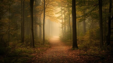 A lonely forest path fading into the fog, autumn trees glowing softly.