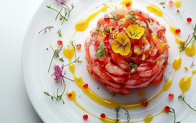 Elegant salmon tartare with edible flowers, herbs, and citrus dressing on a white plate.