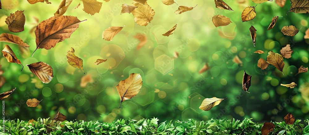Poster nature background with dry brown leaves scattered on vivid green grass, gentle bokeh effect in the b