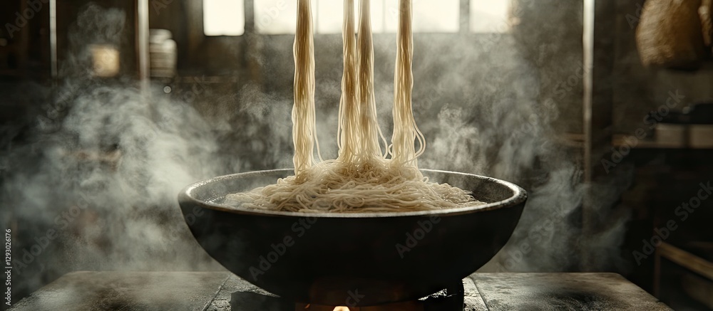Aufkleber steam rising from a dark bowl as noodles are poured in with a blur effect captured in a warm, dimly 