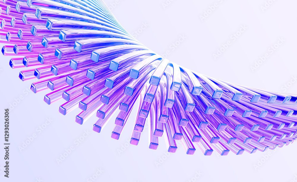 Poster Abstract 3d background with glass wave speed motion effect of rows square lines. Holographic gradient light curve shape pattern. Futuristic architecture design, render tech banner. 3D illustration