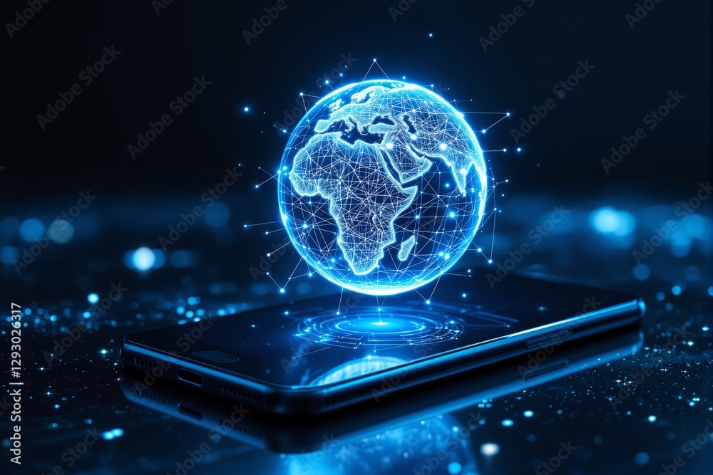 Poster Digital globe with network lines above smartphone on dark glowing background.