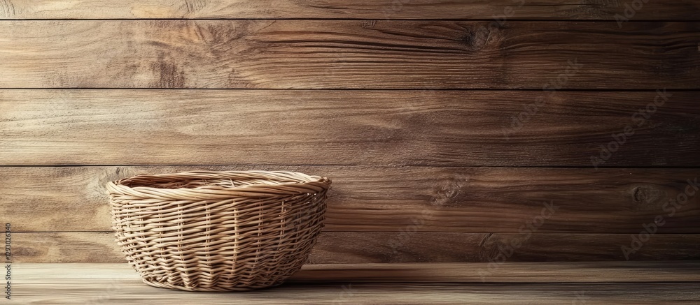 Aufkleber round rattan basket positioned on the left of a rustic wooden background with warm brown tones enhan
