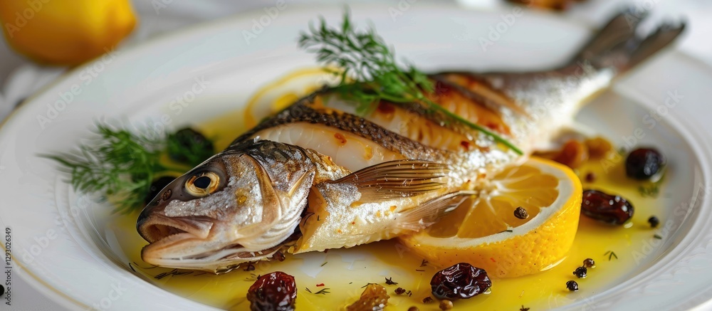 Poster crispy baked fish garnished with lemon slices, dill, and raisins on a white plate with a light backg