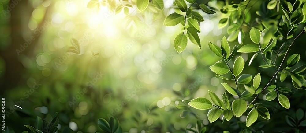 Fototapete softly blurred green foliage backdrop illuminated by gentle sunlight with vibrant leaves on the edge