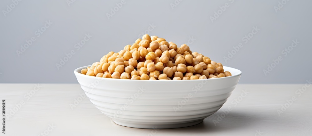 Poster chickpeas piled high in a white bowl against a soft grey background providing ample space for text a