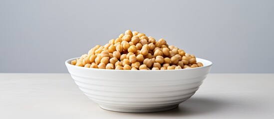 Chickpeas piled high in a white bowl against a soft grey background providing ample space for text and showcasing natural colors of the legumes