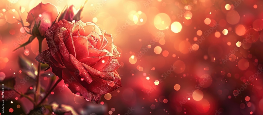 Poster vibrant red rose in focus surrounded by shimmering golden bokeh in warm hues ideal for invitations a