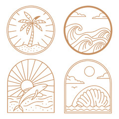 Bohemian Linear Logos and Icons with Ocean, Beach, and Surfing Elements