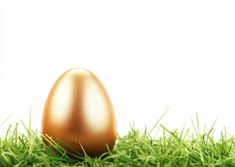 Fototapeta premium Happy. Easter holiday celebration greeting card - Golden big easter egg on fresh green meadow, isolated on white background