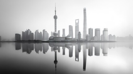 Shanghai skyline reflection, foggy morning, cityscape, tranquil waters, urban background