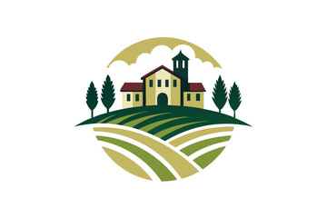 A sophisticated logo design representing a vineyard resort with lush hills and a welcoming estate, Create a logo for a vineyard resort that embodies sophistication and simplicity