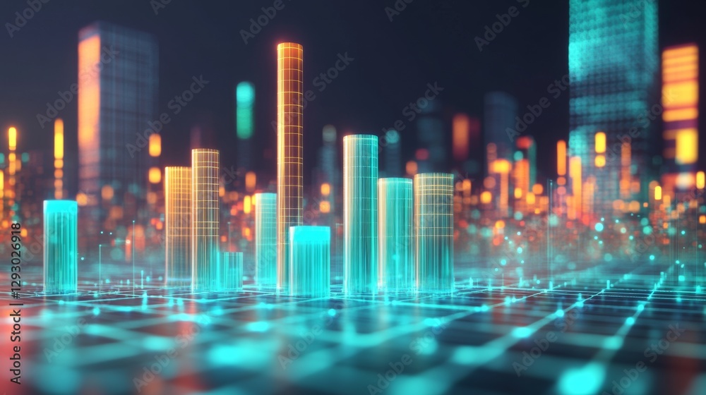 Aufkleber a detailed d financial bar graph with rising bars in blue and green tones, set against a modern digi