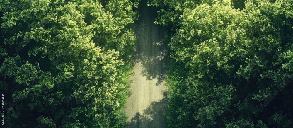 Poster lush green forest canopy with a tranquil road leading through deciduous trees illuminated by soft su
