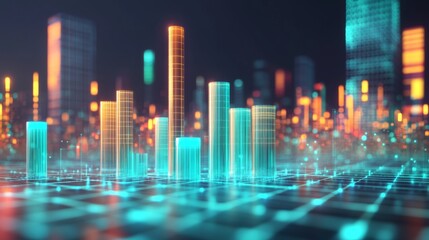 Naklejka premium A detailed D financial bar graph with rising bars in blue and green tones, set against a modern digital grid background with glowing elements.
