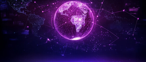 vibrant digital globe visualization with interconnected nodes, showcasing global data flow and technology