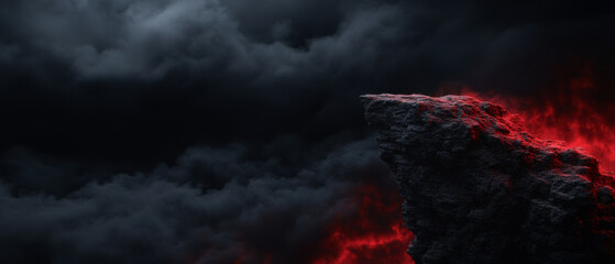 jagged cliff edge surrounded by dark clouds and glowing red light creates dramatic and intense atmosphere