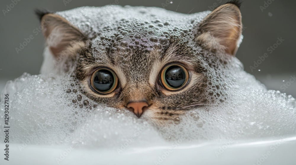 Poster a dramatic close-up of a cats face covered in bubbles during bath time, with wide eyes and a curious