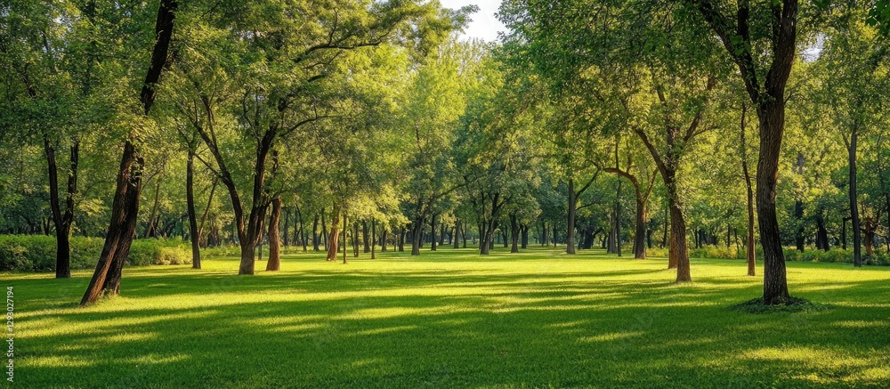Aufkleber lush green park filled with vibrant new leaves on trees under soft sunlight creating a serene and re