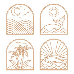 Bohemian Linear Logos and Icons with Ocean, Beach, and Surfing Elements