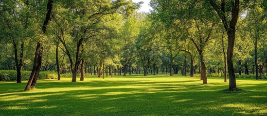 Obraz premium Lush green park filled with vibrant new leaves on trees under soft sunlight creating a serene and refreshing natural landscape.