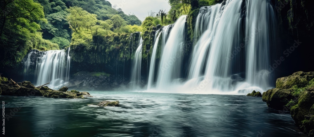 Poster Serene cascading waterfall surrounded by lush green foliage with misty water streams flowing into tranquil pool at the base and ample copy space.
