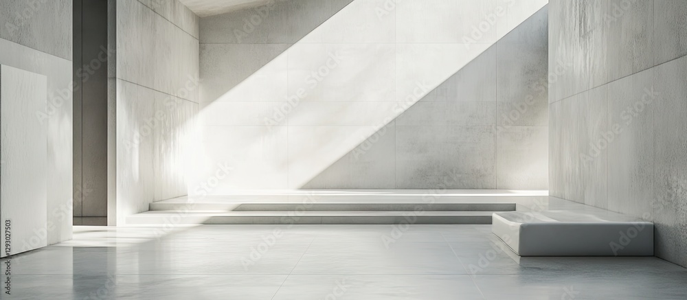 Aufkleber modern minimalist interior with concrete walls and floor, featuring diagonal light beams, empty spac