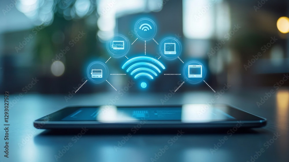 Poster A dynamic image of a Wi-Fi network diagram on a digital tablet, with various devices connected, emphasizing the importance of network management.
