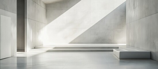 Obraz premium Modern minimalist interior with concrete walls and floor, featuring diagonal light beams, empty space and subtle shadows for a serene atmosphere.