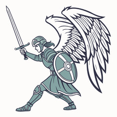 Warrior angel with a sword and shield, ready for battle with majestic wings and heroic presence.