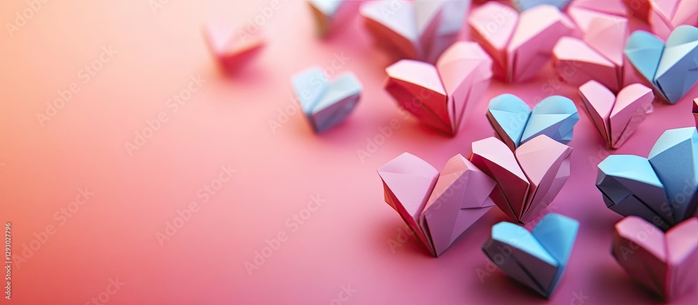 Poster colorful origami hearts in shades of pink and blue scattered diagonally across a soft gradient backg
