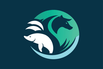 Obraz premium A creative logo featuring a dolphin, a dog, and ocean waves symbolizes animal welfare and environmental care, Create a minimalist logo design for a charity organization protecting endangered wildlife